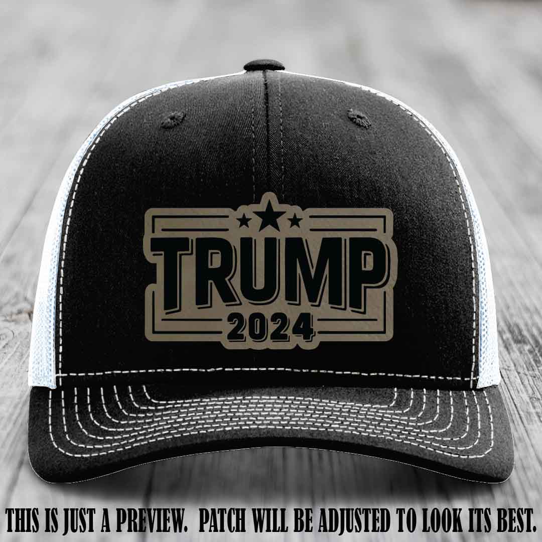 TRUMP 2024 leather patch on Richardson 112 Black to White Hat with Light Brown to Black Patch