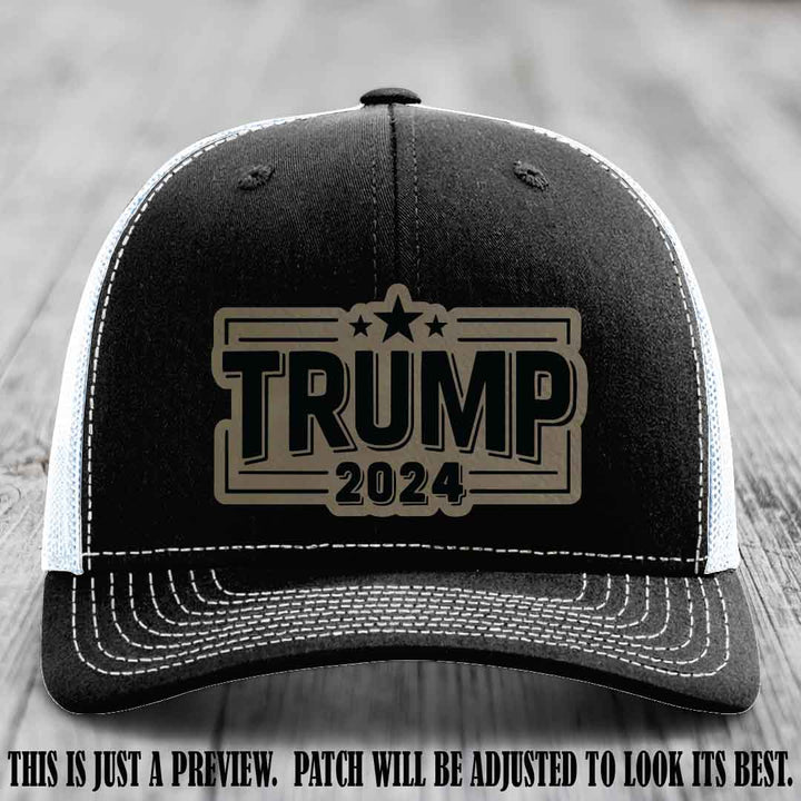 TRUMP 2024 leather patch on Richardson 112 Black to White Hat with Light Brown to Black Patch