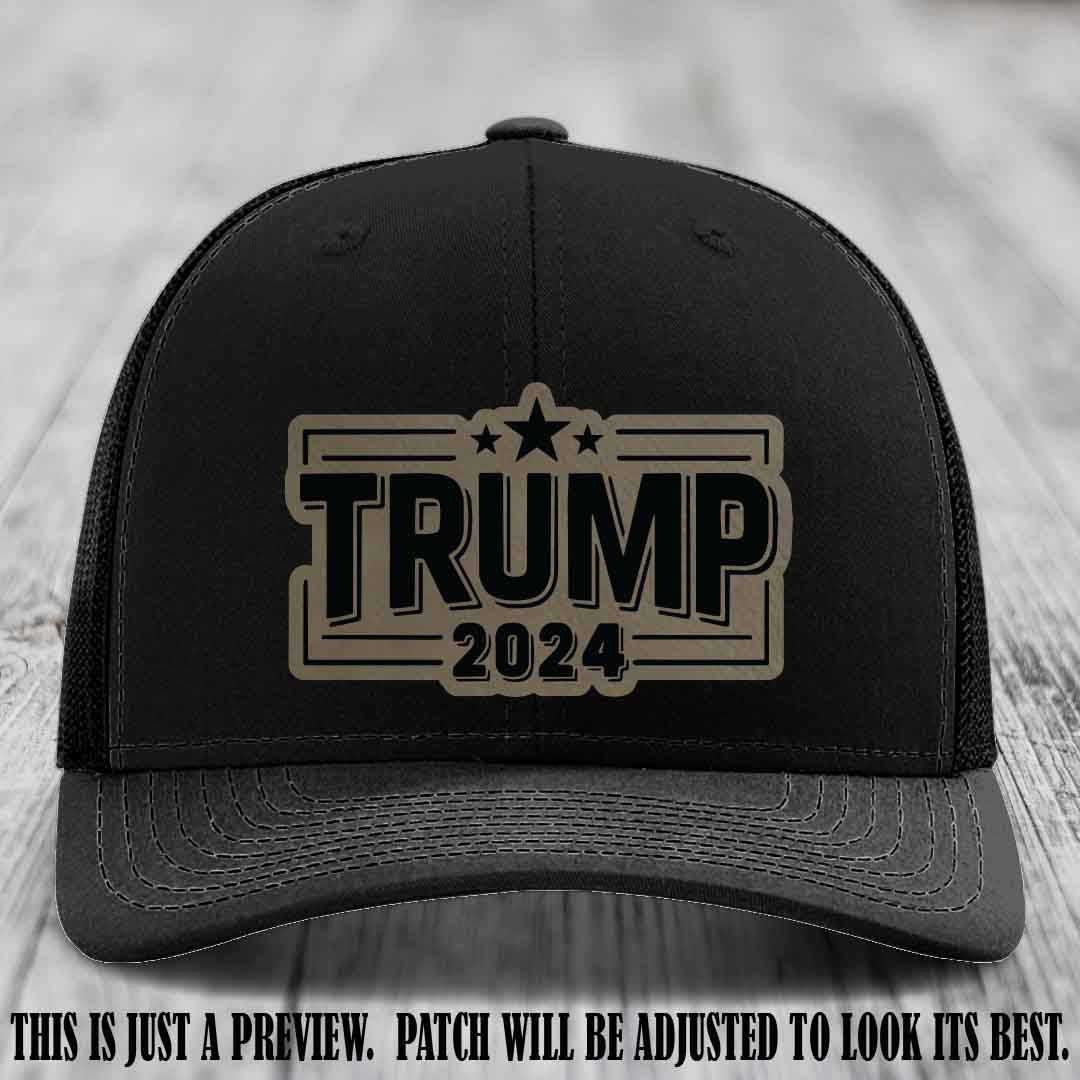 TRUMP 2024 leather patch on Richardson 112 Black Hat with Light Brown to Black Patch