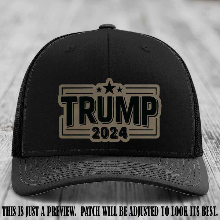 TRUMP 2024 leather patch on Richardson 112 Black Hat with Light Brown to Black Patch
