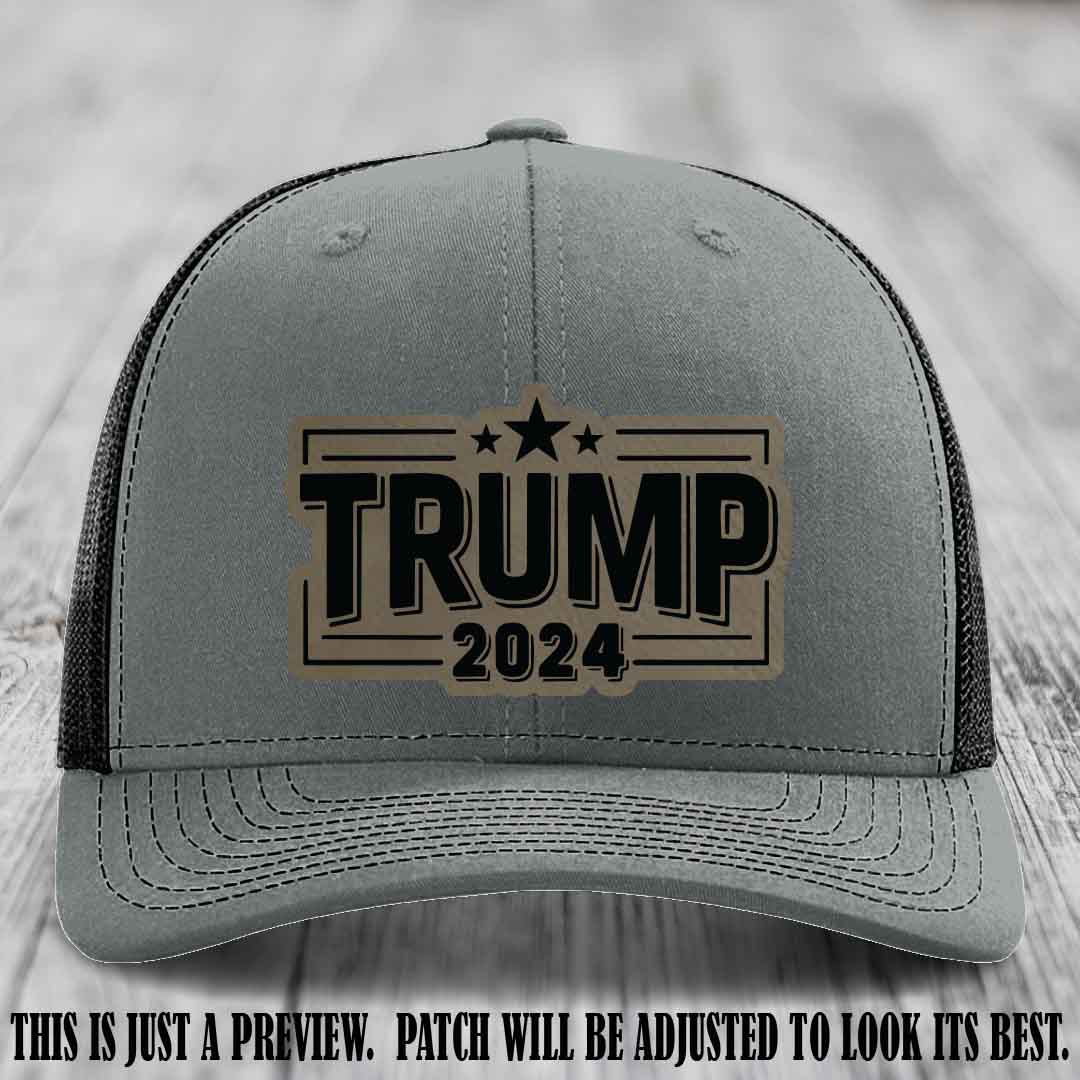 TRUMP 2024 leather patch on Richardson 112 Heather Grey to Black Hat with Light Brown to Black Patch