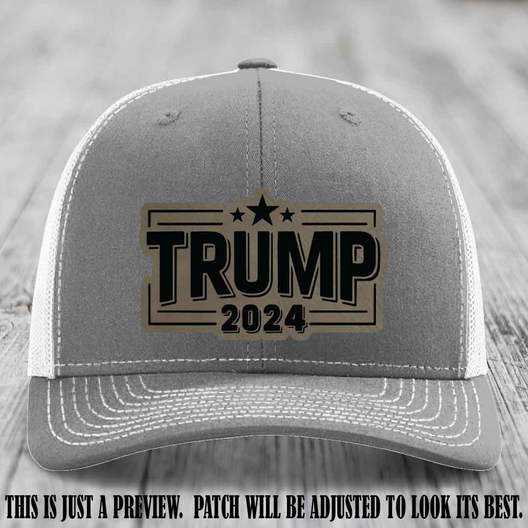 TRUMP 2024 leather patch on Richardson 112 Heather Grey to White Hat with Light Brown to Black Patch