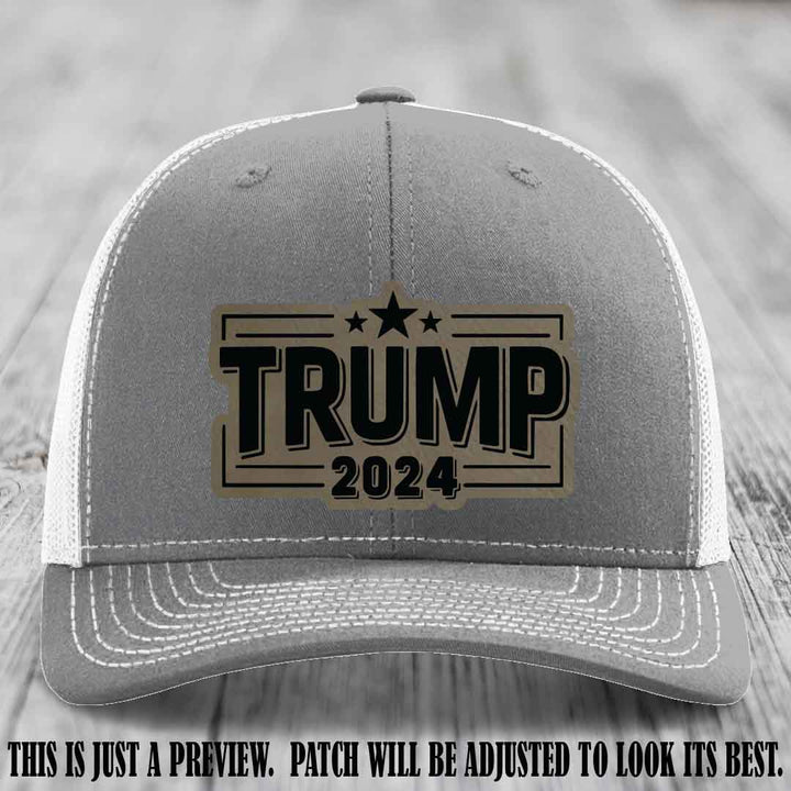 TRUMP 2024 leather patch on Richardson 112 Heather Grey to White Hat with Light Brown to Black Patch