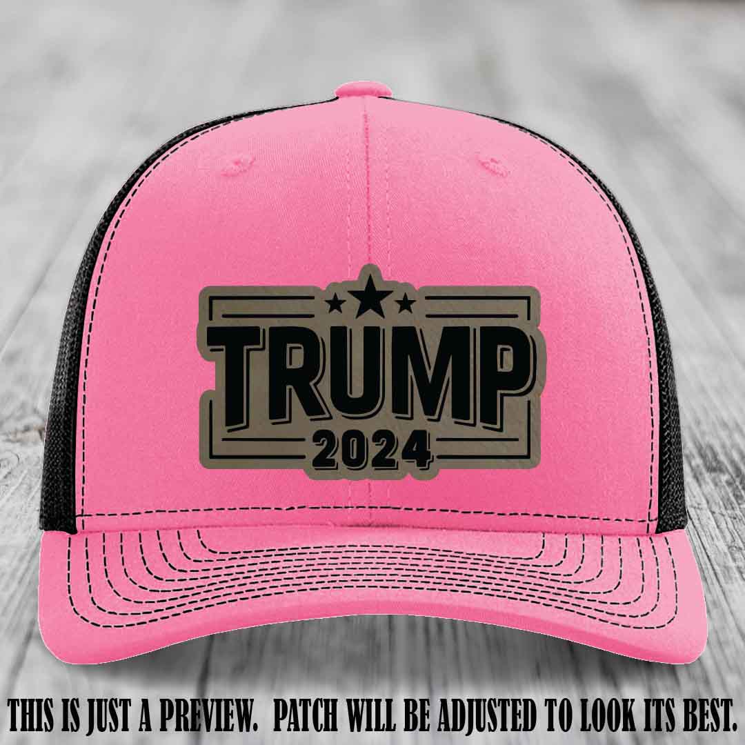 TRUMP 2024 leather patch on Richardson 112 Hot Pink to Black Hat with Light Brown to Black Patch