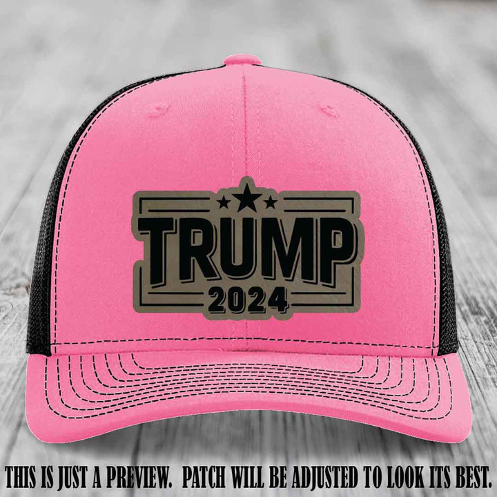 TRUMP 2024 leather patch on Richardson 112 Hot Pink to Black Hat with Light Brown to Black Patch