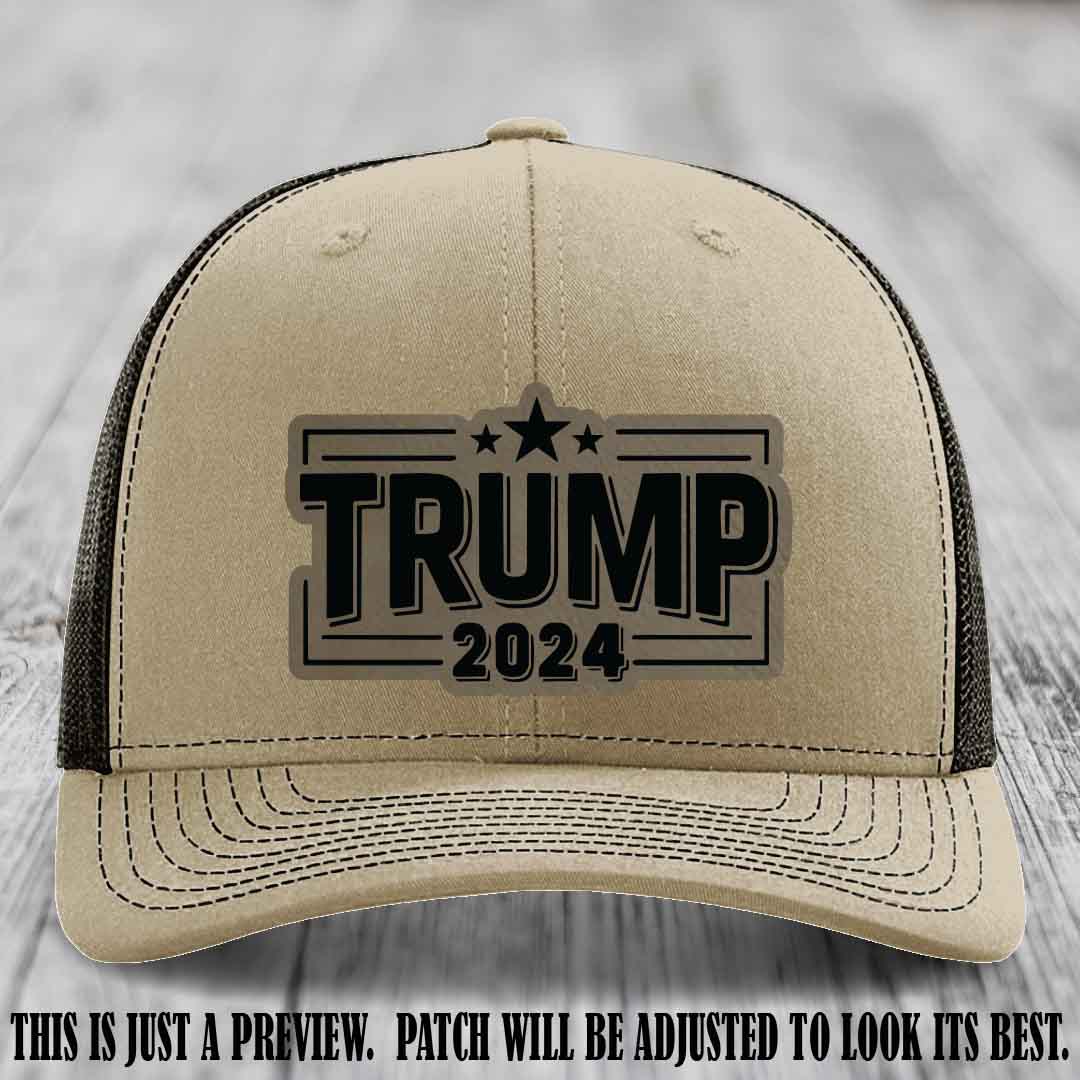 TRUMP 2024 leather patch on Richardson 112 Khaki to Coffee Hat with Light Brown to Black Patch