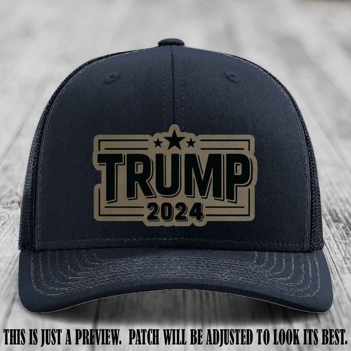 TRUMP 2024 leather patch on Richardson 112 Navy Hat with Light Brown to Black Patch
