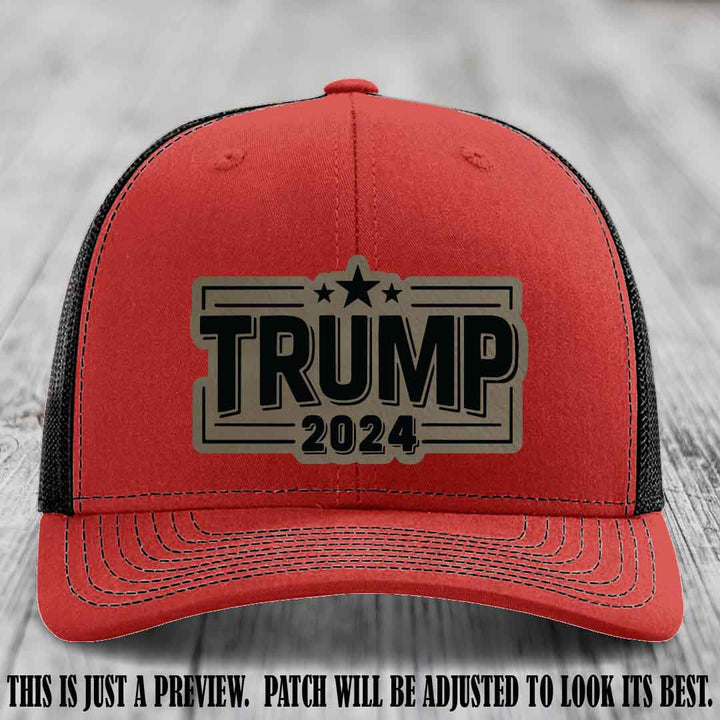 TRUMP 2024 leather patch on Richardson 112 Red to Black Hat with Light Brown to Black Patch