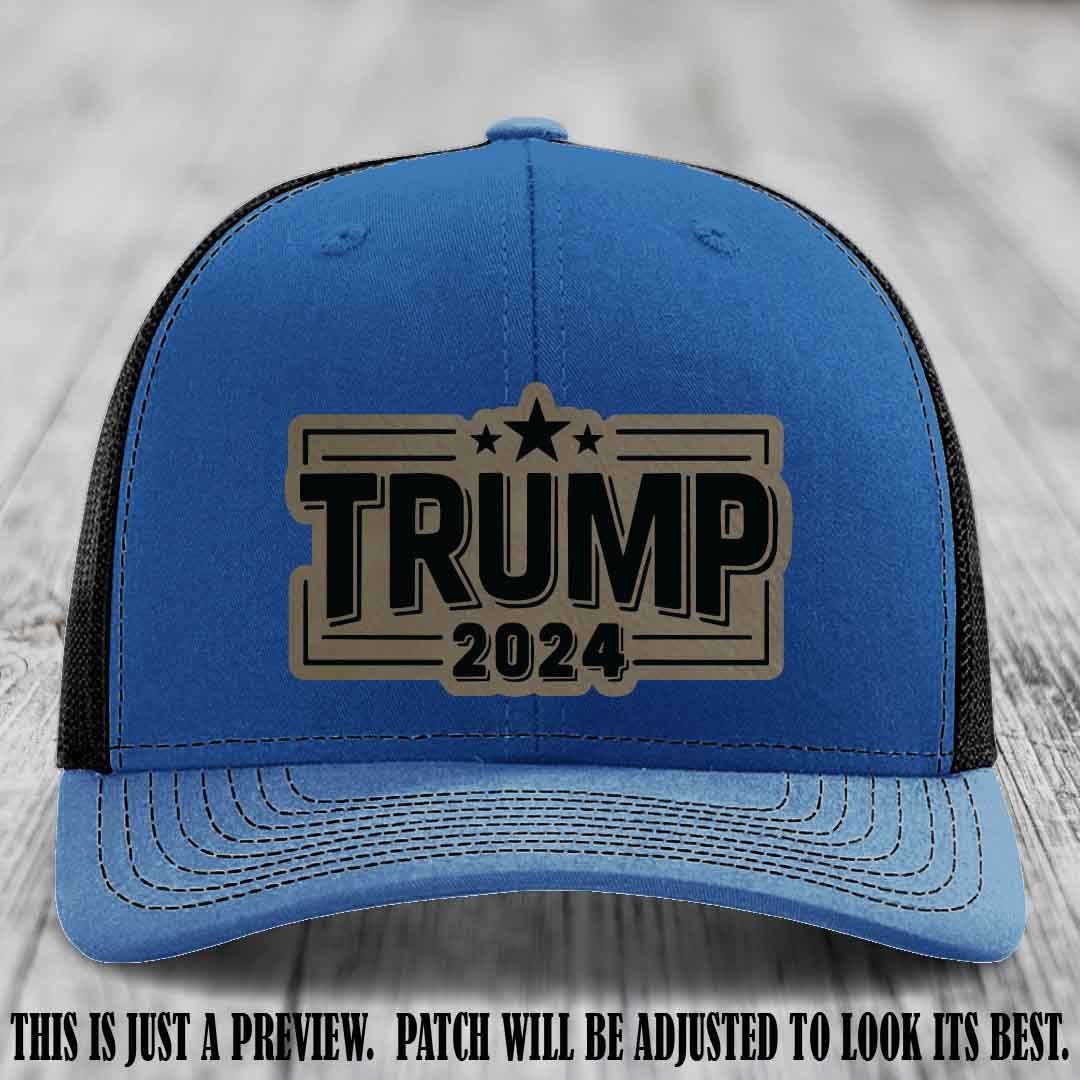 TRUMP 2024 leather patch on Richardson 112 Royal to Black Hat with Light Brown to Black Patch