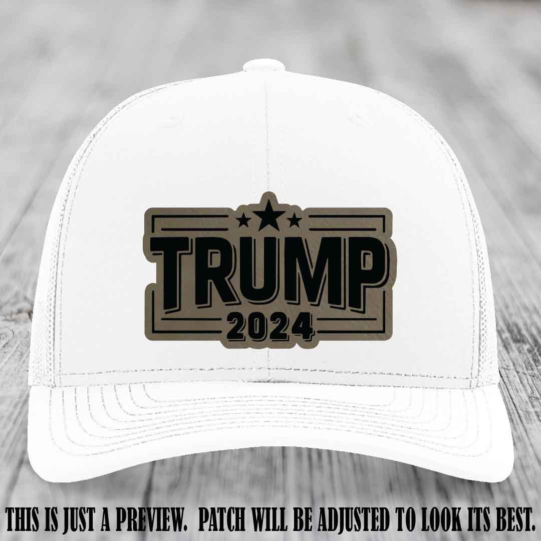 TRUMP 2024 leather patch on Richardson 112 White Hat with Light Brown to Black Patch