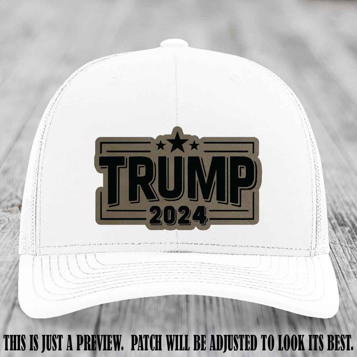 TRUMP 2024 leather patch on Richardson 112 White Hat with Light Brown to Black Patch