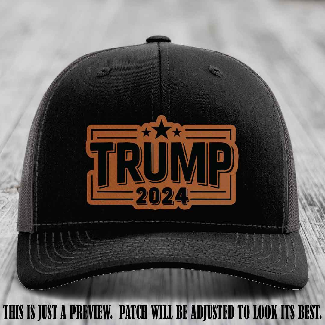 TRUMP 2024 leather patch on Richardson 112 Black to Charcoal Hat with Rawhide to Black Patch