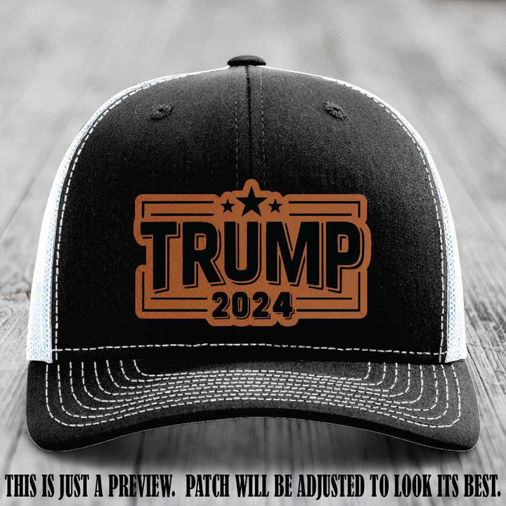 TRUMP 2024 leather patch on Richardson 112 Black to White Hat with Rawhide to Black Patch