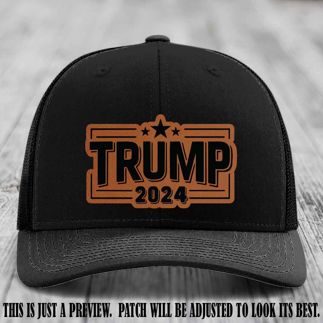 TRUMP 2024 leather patch on Richardson 112 Black Hat with Rawhide to Black Patch
