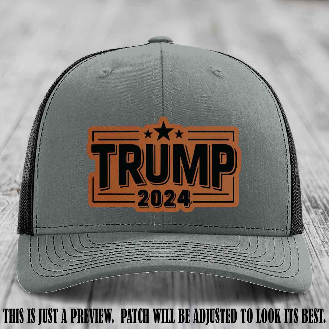TRUMP 2024 leather patch on Richardson 112 Heather Grey to Black Hat with Rawhide to Black Patch