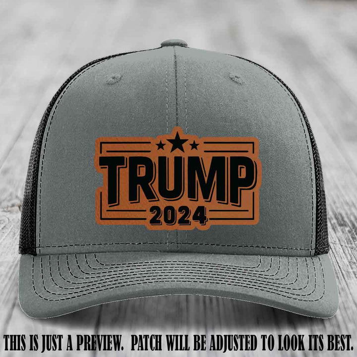 TRUMP 2024 leather patch on Richardson 112 Heather Grey to Black Hat with Rawhide to Black Patch
