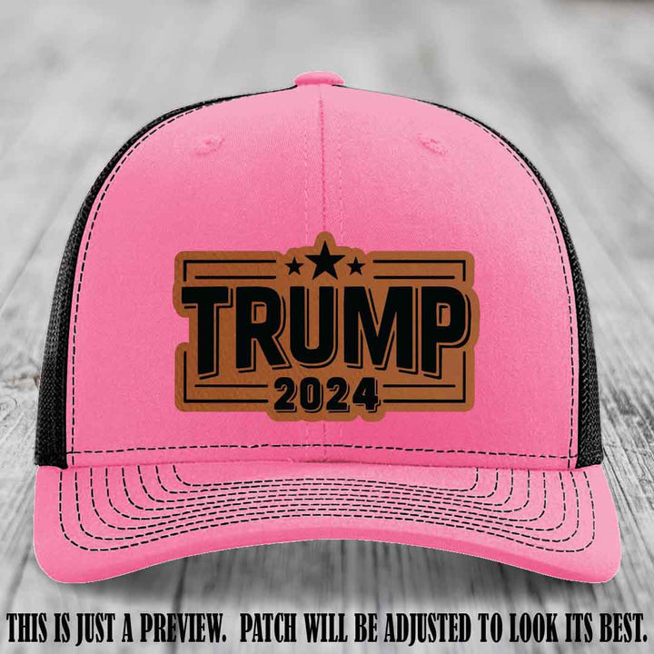 TRUMP 2024 leather patch on Richardson 112 Hot Pink to Black Hat with Rawhide to Black Patch