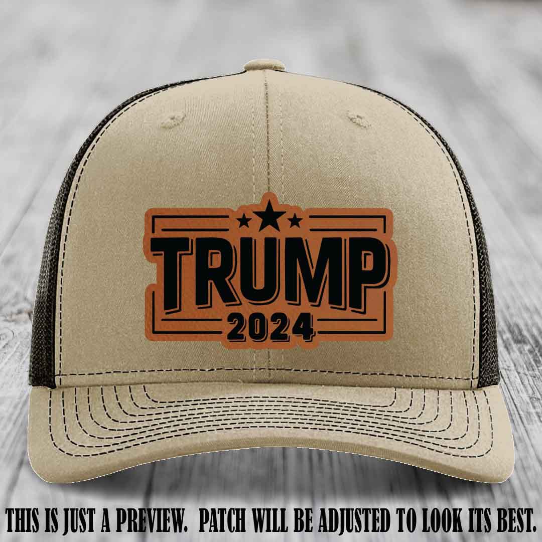 TRUMP 2024 leather patch on Richardson 112 Khaki to Coffee Hat with Rawhide to Black Patch