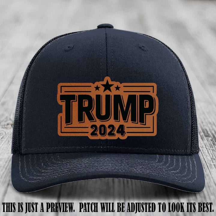 TRUMP 2024 leather patch on Richardson 112 Navy Hat with Rawhide to Black Patch
