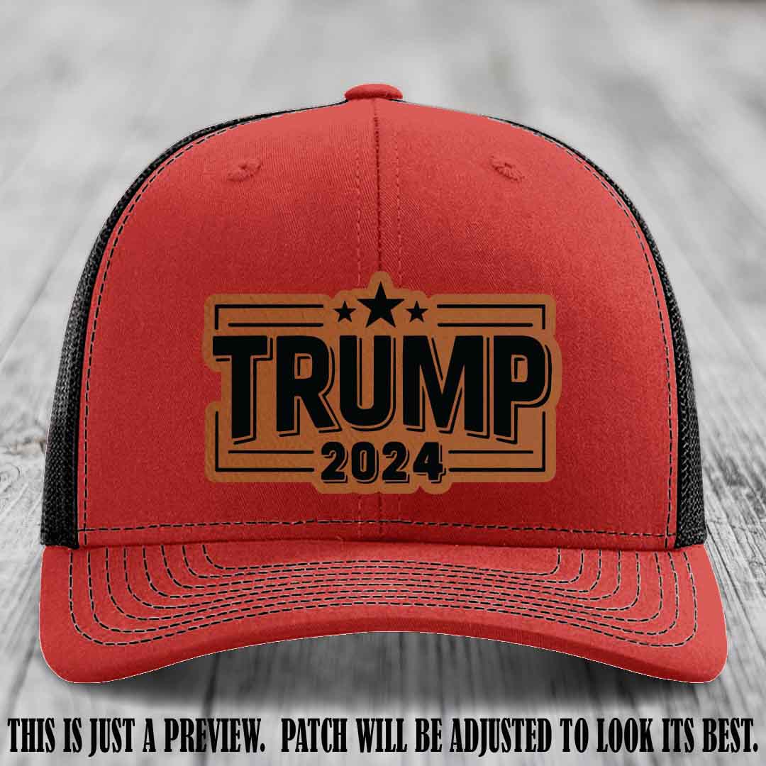 TRUMP 2024 leather patch on Richardson 112 Red to Black Hat with Rawhide to Black Patch
