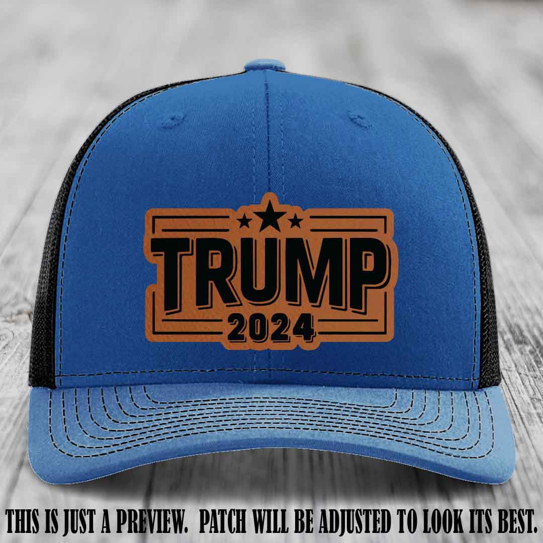 TRUMP 2024 leather patch on Richardson 112 Royal to Black Hat with Rawhide to Black Patch
