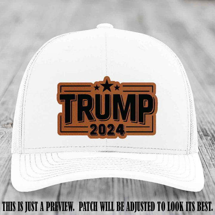 TRUMP 2024 leather patch on Richardson 112 White Hat with Rawhide to Black Patch