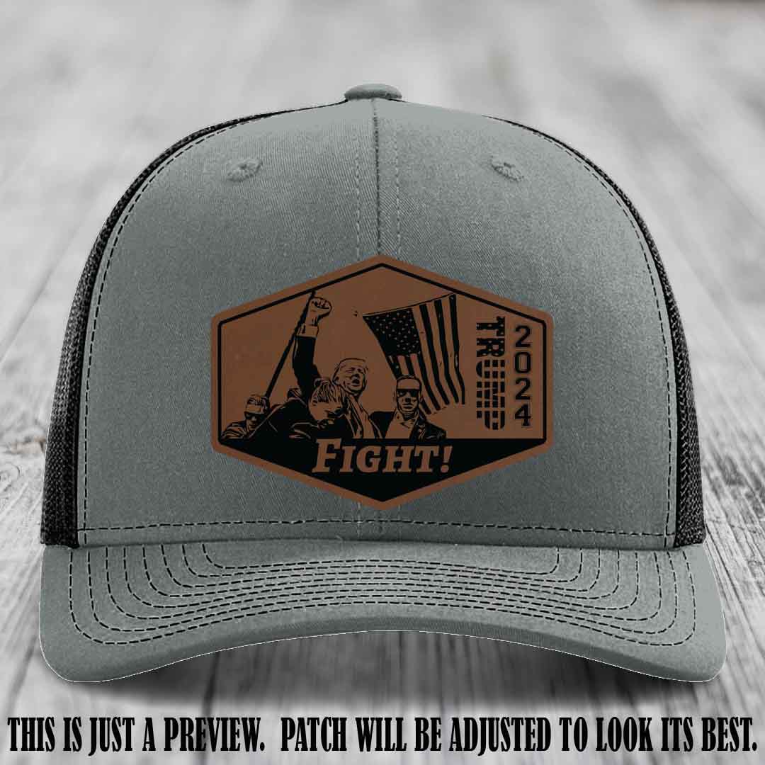 Fight Night Trump 2024 design on a Richardson 112 Heather Grey to Black Hat with a Dark Brown to Black Patch leather patch