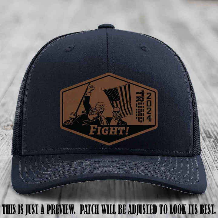 Fight Night Trump 2024 design on a Richardson 112 Navy Hat with a Dark Brown to Black Patch leather patch