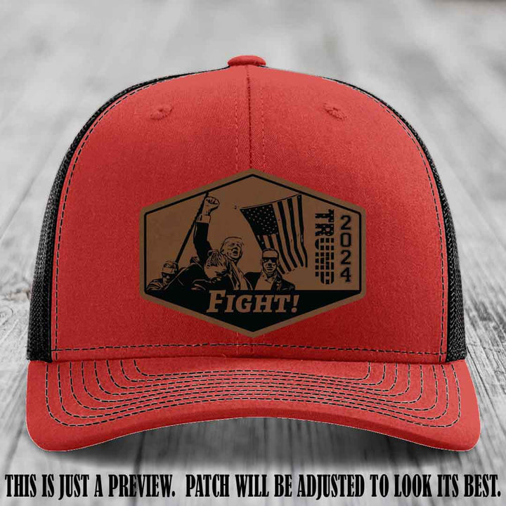 Fight Night Trump 2024 design on a Richardson 112 Red to Black Hat with a Dark Brown to Black Patch leather patch