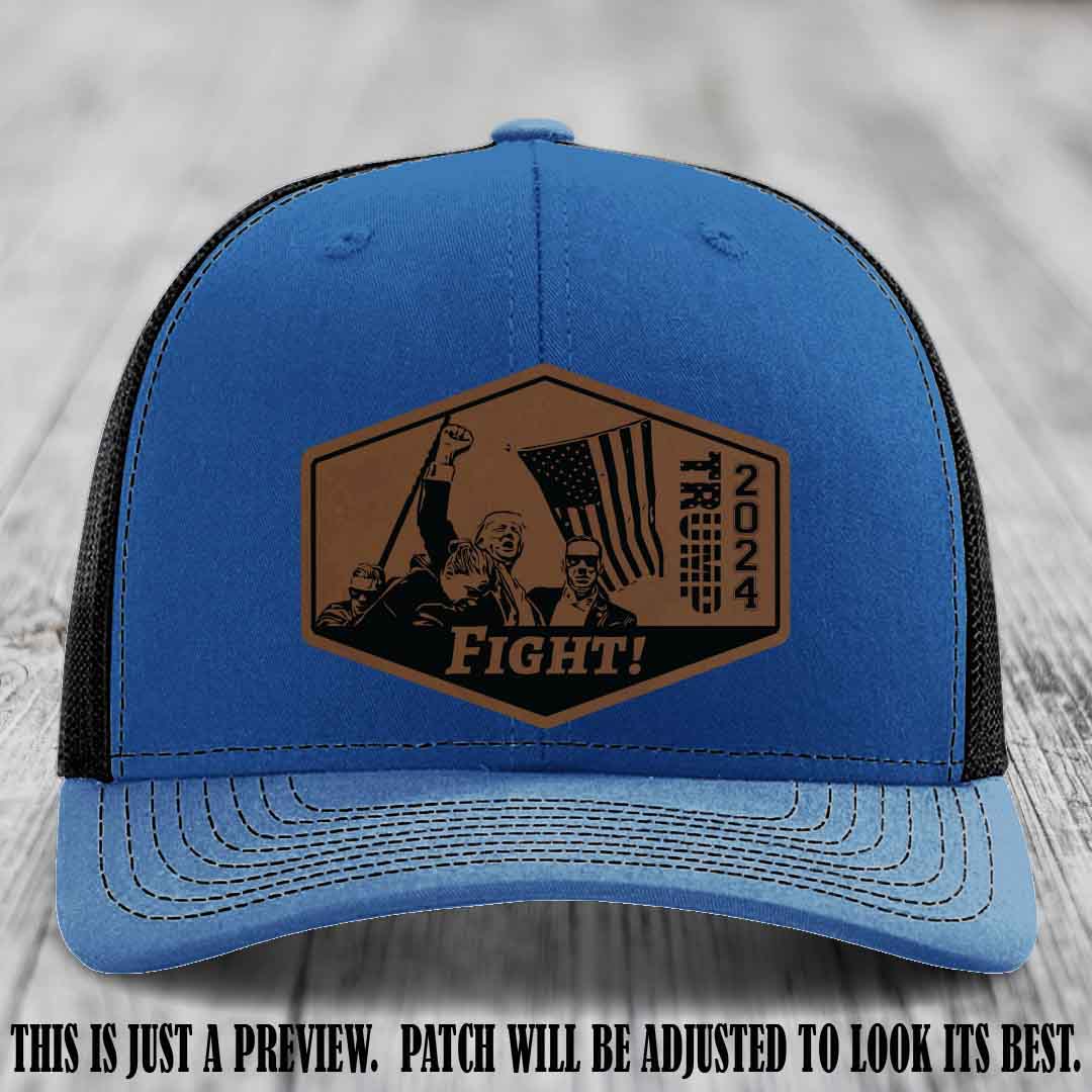 Fight Night Trump 2024 design on a Richardson 112 Royal to Black Hat with a Dark Brown to Black Patch leather patch