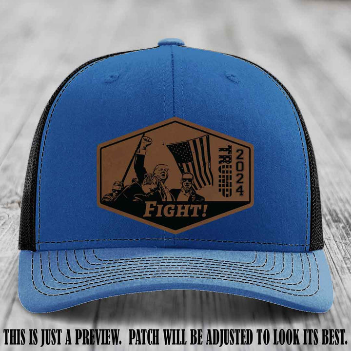 Fight Night Trump 2024 design on a Richardson 112 Royal to Black Hat with a Dark Brown to Black Patch leather patch