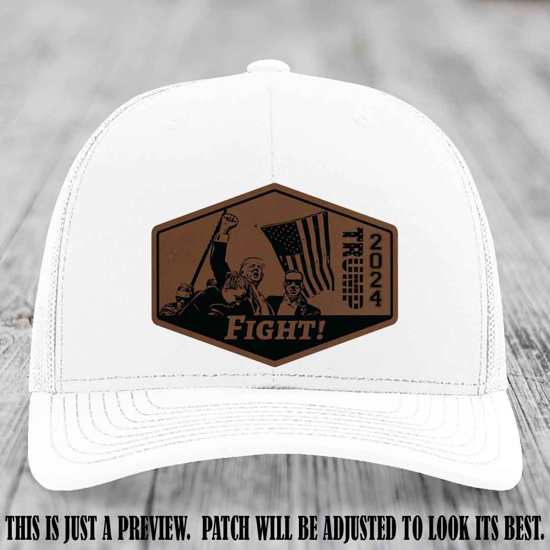 Fight Night Trump 2024 design on a Richardson 112 White Hat with a Dark Brown to Black Patch leather patch