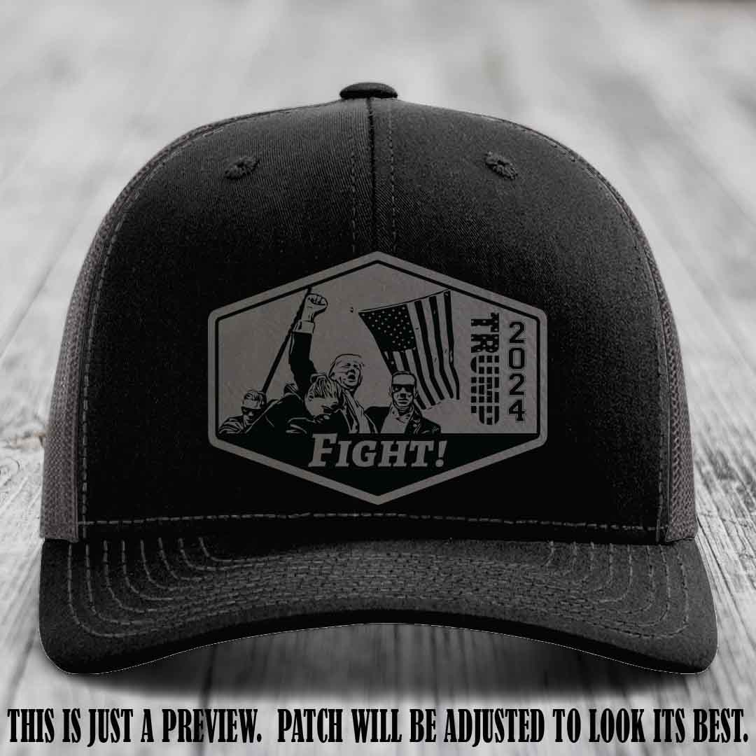 Fight Night Trump 2024 design on a Richardson 112 Black to Charcoal Hat with a Grey to Black Patch leather patch