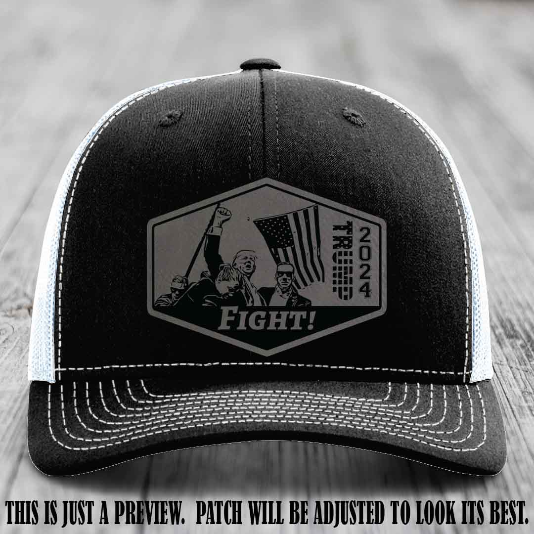Fight Night Trump 2024 design on a Richardson 112 Black to White Hat with a Grey to Black Patch leather patch
