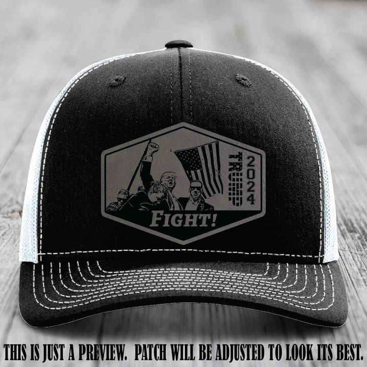 Fight Night Trump 2024 design on a Richardson 112 Black to White Hat with a Grey to Black Patch leather patch