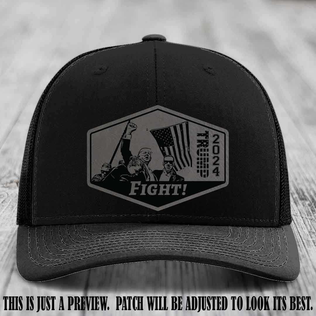 Fight Night Trump 2024 design on a Richardson 112 Black Hat with a Grey to Black Patch leather patch