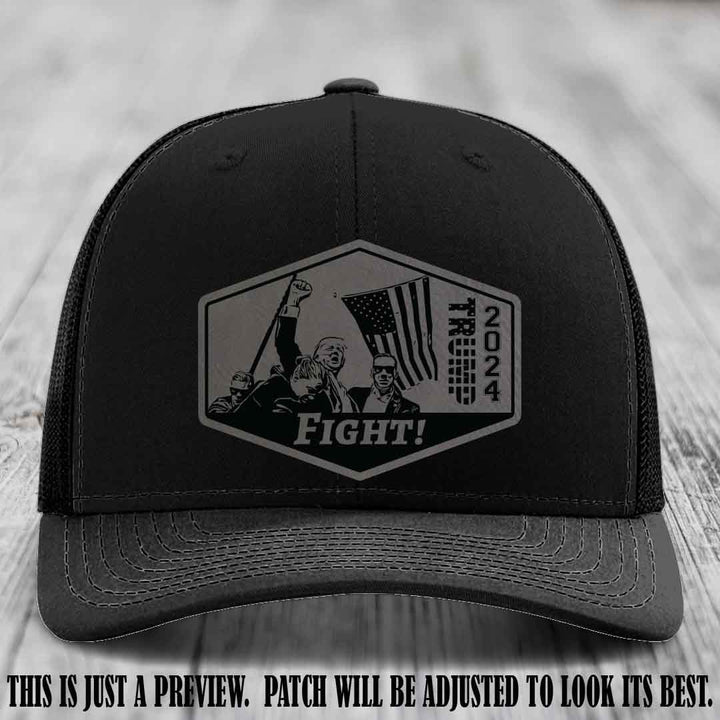 Fight Night Trump 2024 design on a Richardson 112 Black Hat with a Grey to Black Patch leather patch