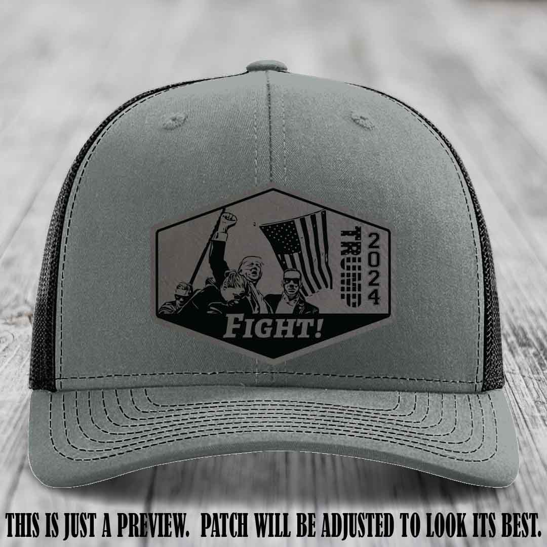Fight Night Trump 2024 design on a Richardson 112 Heather Grey to Black Hat with a Grey to Black Patch leather patch
