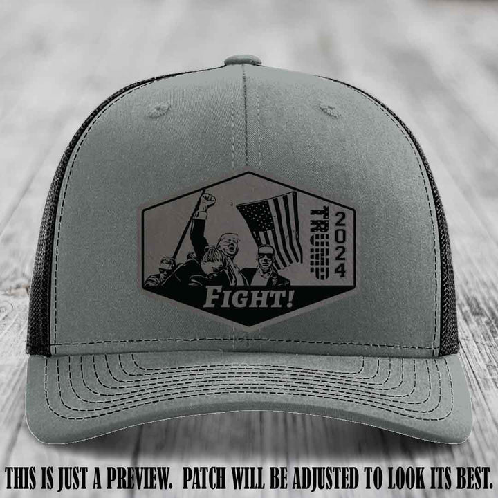 Fight Night Trump 2024 design on a Richardson 112 Heather Grey to Black Hat with a Grey to Black Patch leather patch