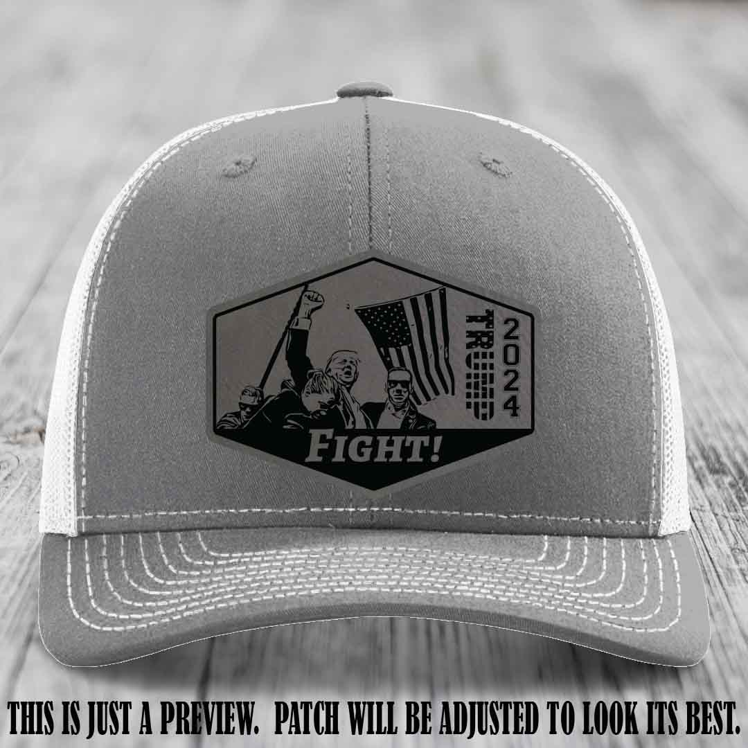 Fight Night Trump 2024 design on a Richardson 112 Heather Grey to White Hat with a Grey to Black Patch leather patch
