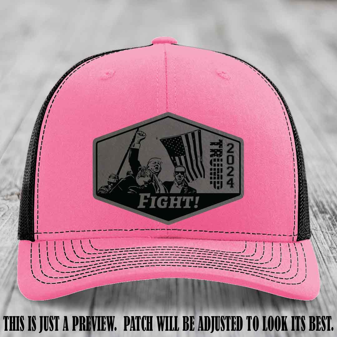 Fight Night Trump 2024 design on a Richardson 112 Hot Pink to Black Hat with a Grey to Black Patch leather patch