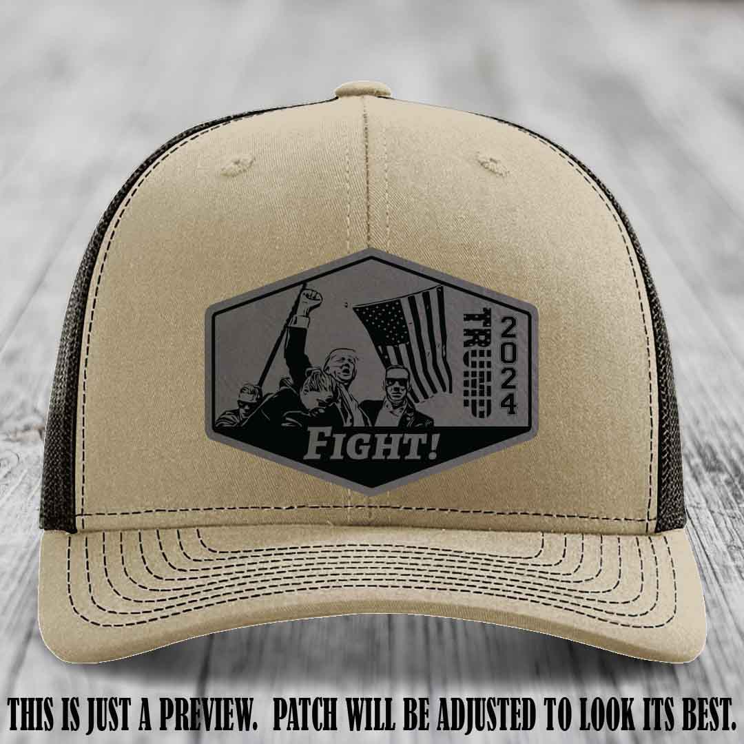 Fight Night Trump 2024 design on a Richardson 112 Khaki to Coffee Hat with a Grey to Black Patch leather patch
