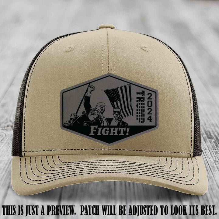 Fight Night Trump 2024 design on a Richardson 112 Khaki to Coffee Hat with a Grey to Black Patch leather patch
