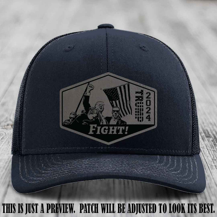 Fight Night Trump 2024 design on a Richardson 112 Navy Hat with a Grey to Black Patch leather patch