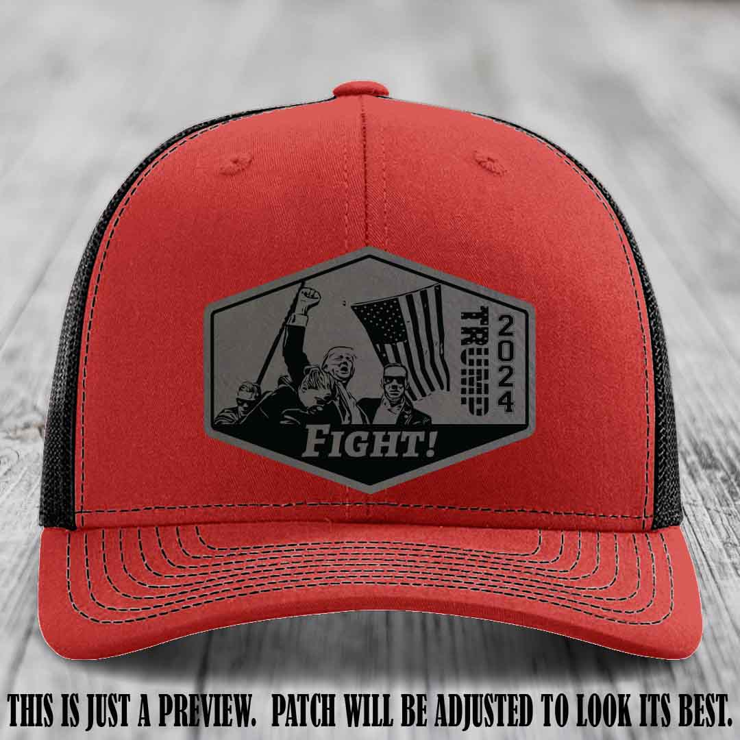 Fight Night Trump 2024 design on a Richardson 112 Red to Black Hat with a Grey to Black Patch leather patch