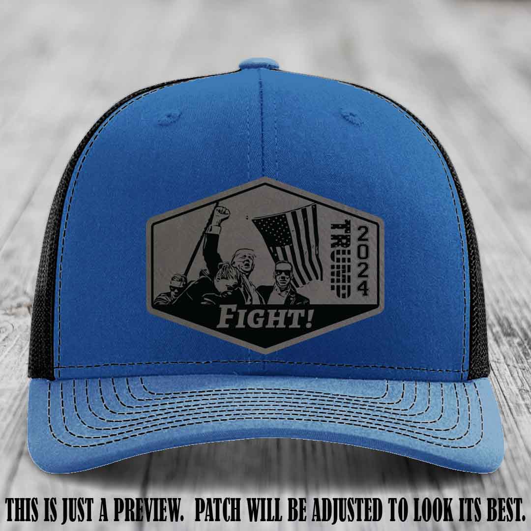 Fight Night Trump 2024 design on a Richardson 112 Royal to Black Hat with a Grey to Black Patch leather patch