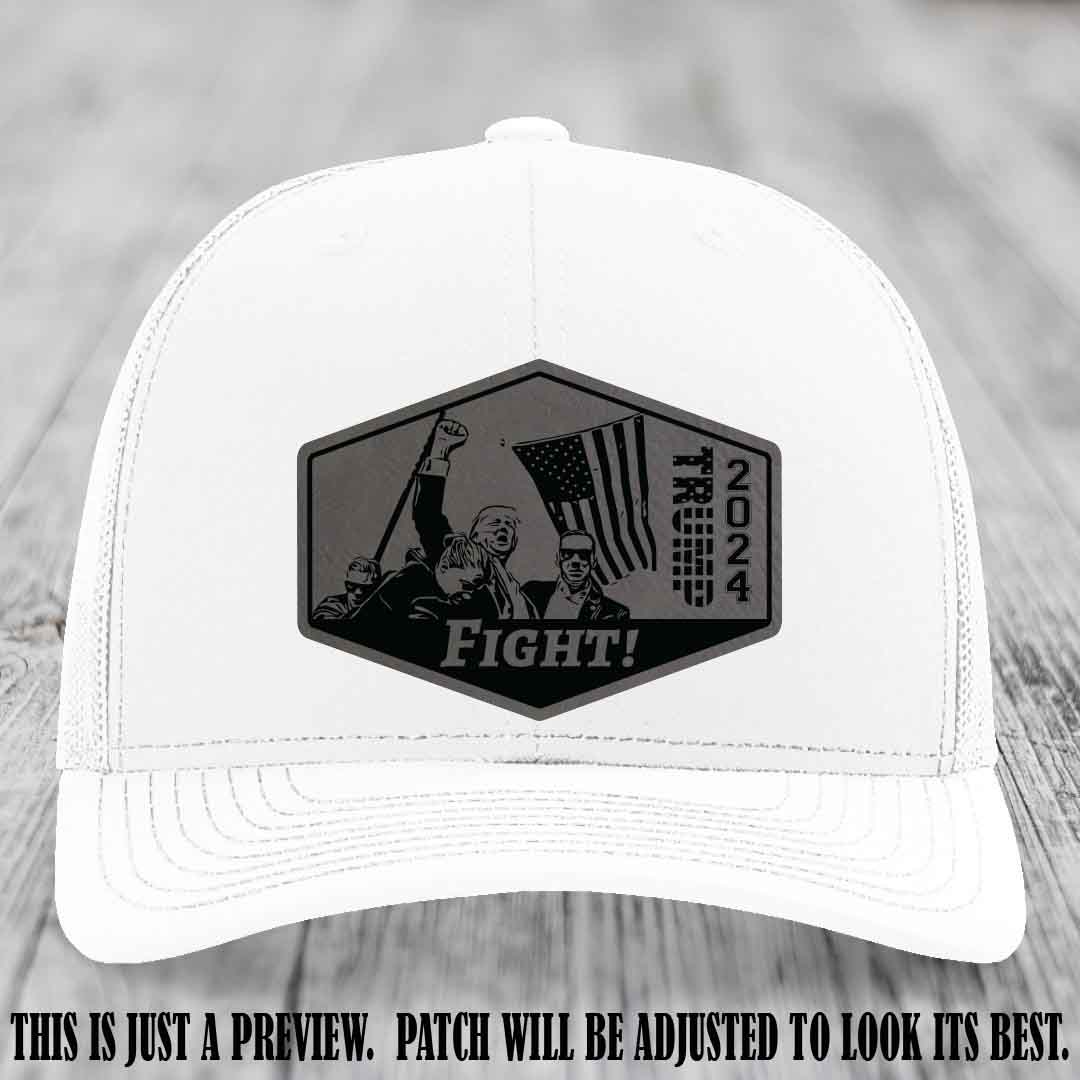 Fight Night Trump 2024 design on a Richardson 112 White Hat with a Grey to Black Patch leather patch