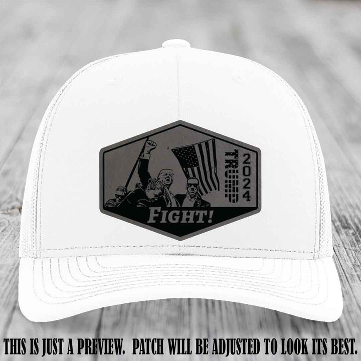Fight Night Trump 2024 design on a Richardson 112 White Hat with a Grey to Black Patch leather patch