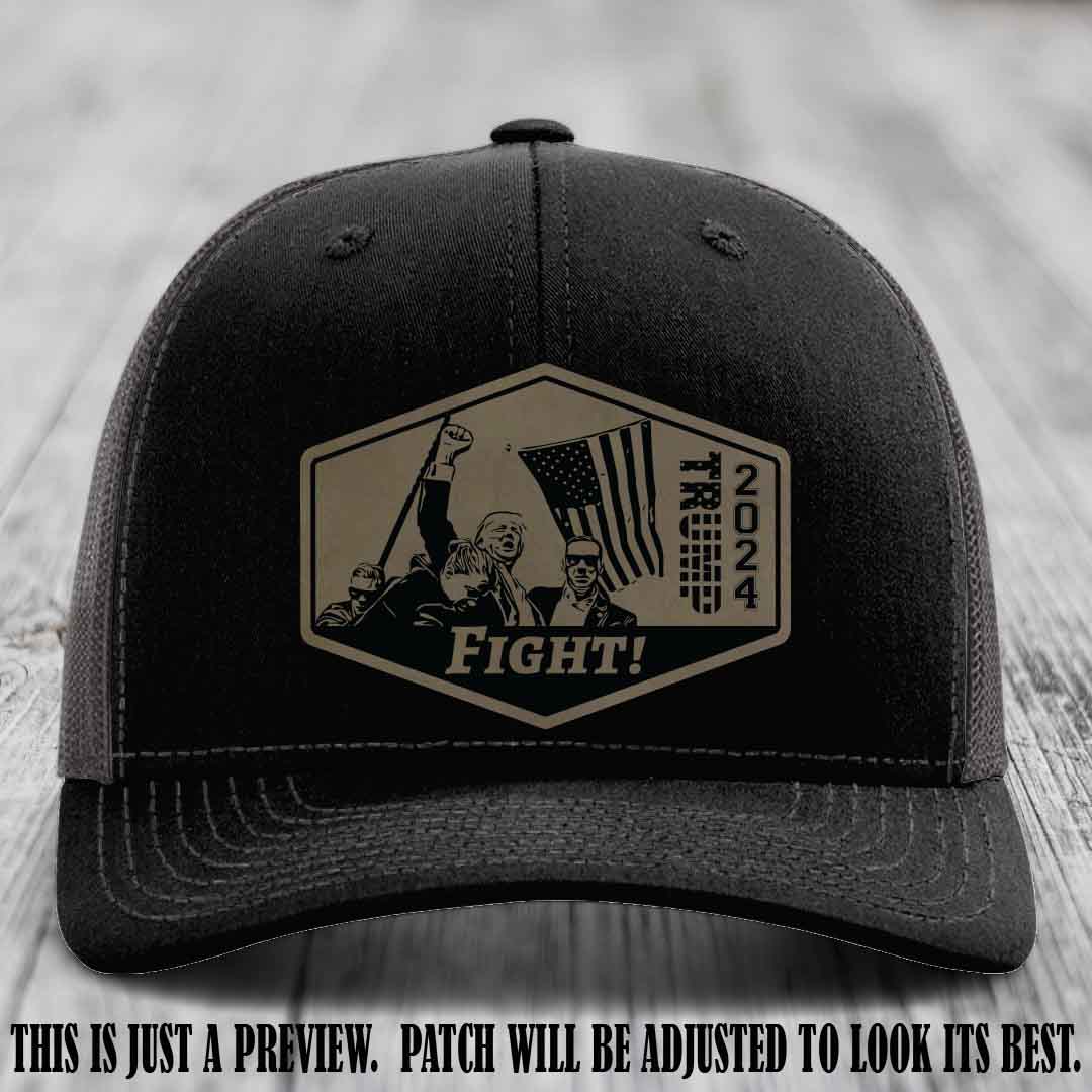 Fight Night Trump 2024 design on a Richardson 112 Black to Charcoal Hat with a Light Brown to Black Patch leather patch
