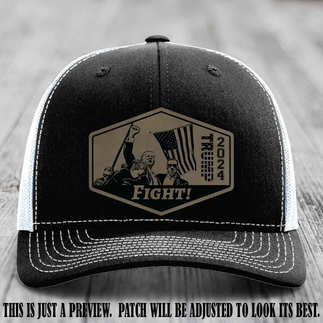 Fight Night Trump 2024 design on a Richardson 112 Black to White Hat with a Light Brown to Black Patch leather patch